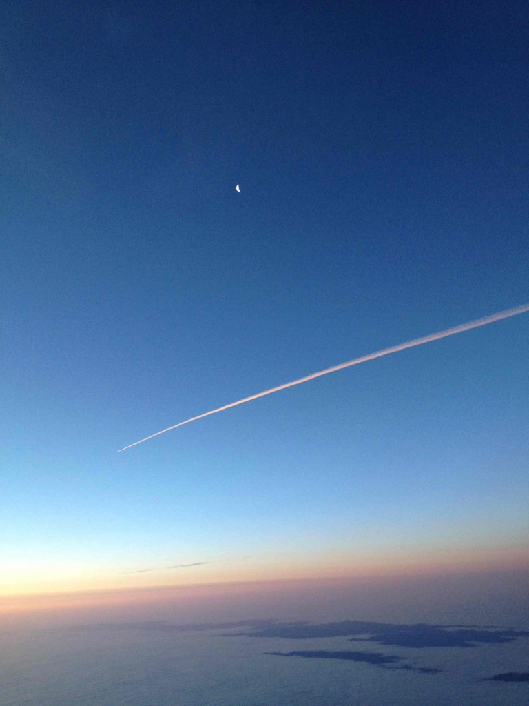 Morning moon, pink contrail!